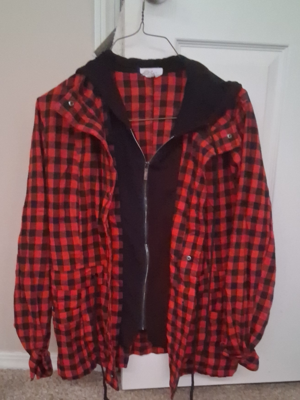 Red & Black Plaid Bomber Jacket with Hooded Inner Layer